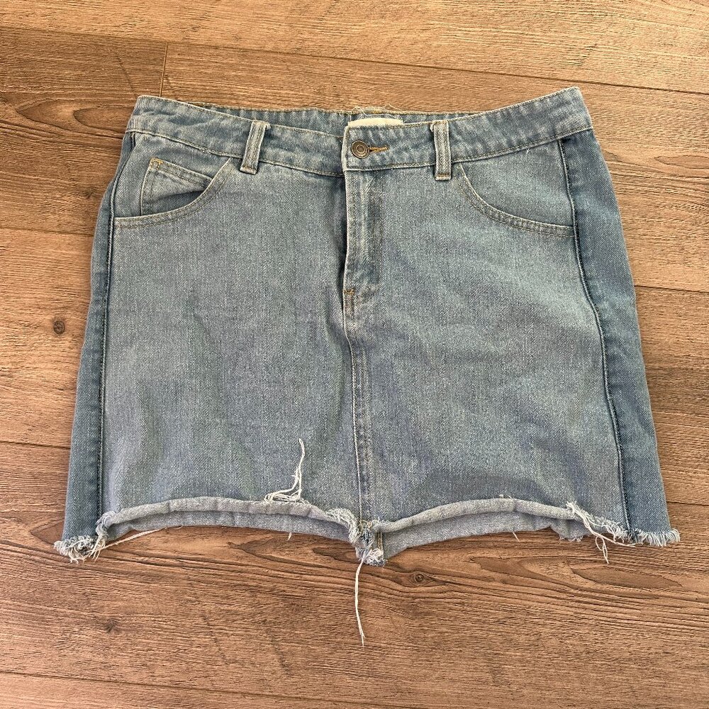 Thread & Supply Light Wash Denim Mini Skirt Raw Hem Blue
